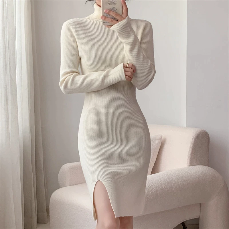 Autumn Winter 2022 Slim Long Sleeve Party Mini Dress for Women Knitted High Collar Elegant Split Knitted Sweater Dresses Ladi